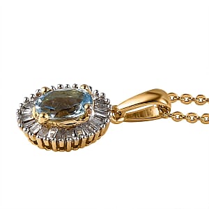 Santa Maria Aquamarine and White Diamond Halo Pendant Necklace 20 Inches in Vermeil Yellow Gold Over Sterling Silver 0.65 ctw