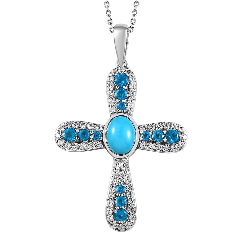 Premium Sleeping Beauty Turquoise and Multi Gemstone 4.60 ctw Pendant Necklace in Rhodium Over Sterling Silver 20 Inches