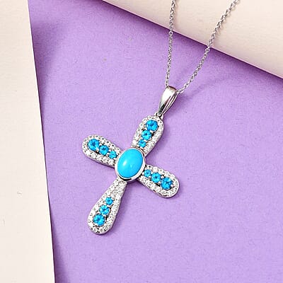 Premium Sleeping Beauty Turquoise and Multi Gemstone 4.60 ctw Pendant Necklace in Rhodium Over Sterling Silver 20 Inches