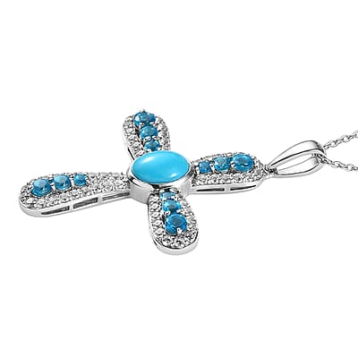 Premium Sleeping Beauty Turquoise and Multi Gemstone 4.60 ctw Pendant Necklace in Rhodium Over Sterling Silver 20 Inches