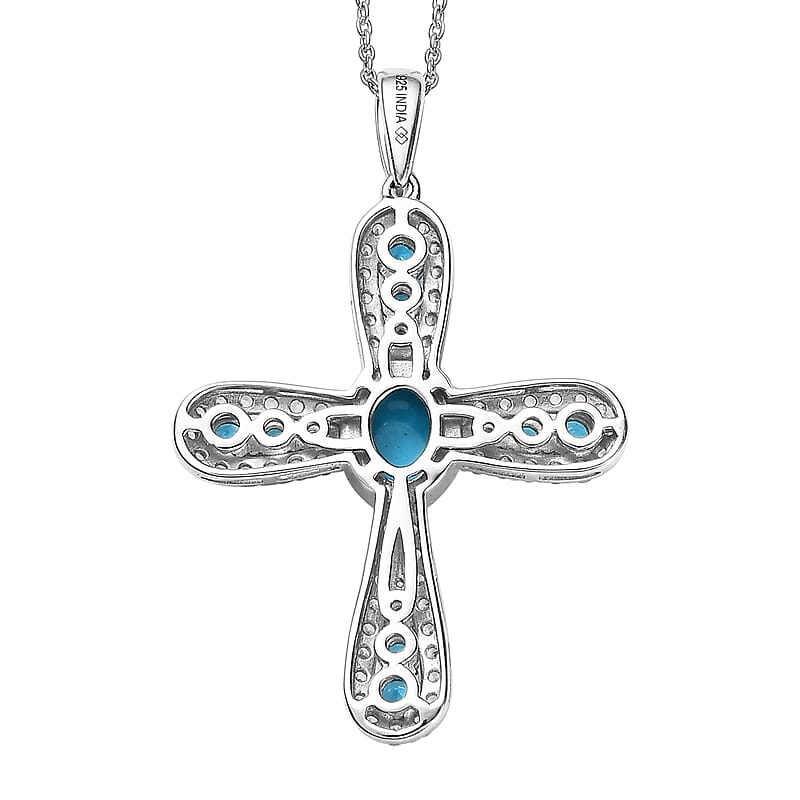 Premium Sleeping Beauty Turquoise and Multi Gemstone 4.60 ctw Pendant Necklace in Rhodium Over Sterling Silver 20 Inches