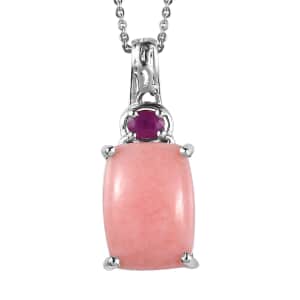 Peruvian Pink Opal and Niassa Ruby Pendant Necklace 20 Inches in Platinum Over Sterling Silver 6.60 ctw