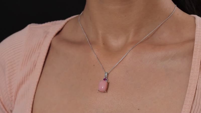 Peruvian Pink Opal and Niassa Ruby Pendant Necklace 20 Inches in Platinum Over Sterling Silver 6.60 ctw