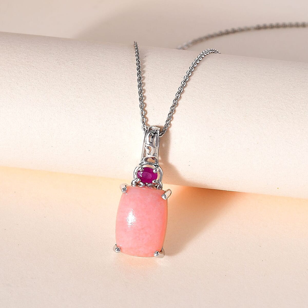 Peruvian Pink Opal and Niassa Ruby Pendant Necklace 20 Inches in Platinum Over Sterling Silver 6.60 ctw image number 1