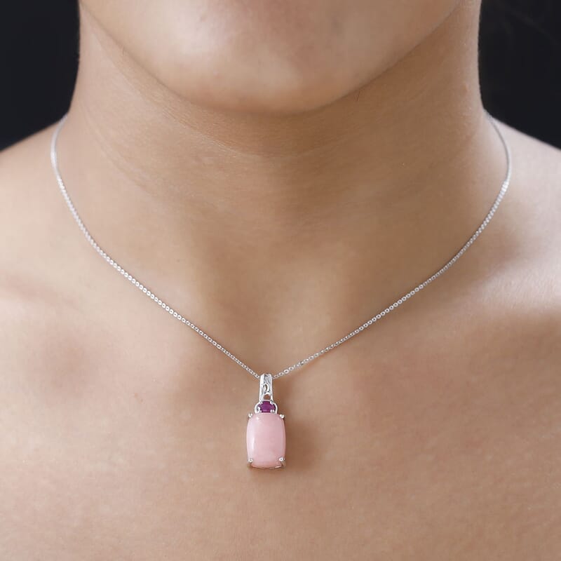 Peruvian Pink Opal and Niassa Ruby Pendant Necklace 20 Inches in Platinum Over Sterling Silver 6.60 ctw