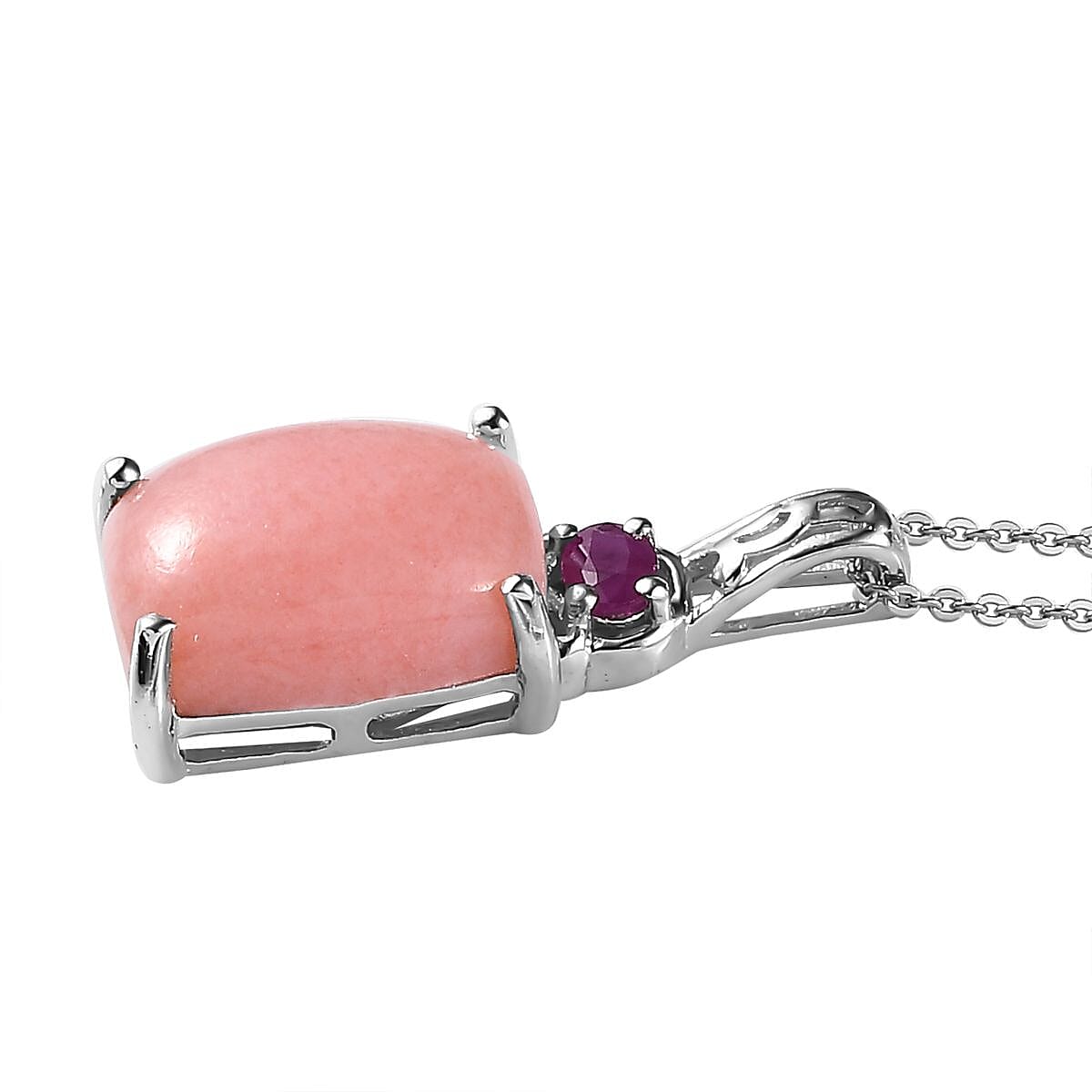 Peruvian Pink Opal and Niassa Ruby Pendant Necklace 20 Inches in Platinum Over Sterling Silver 6.60 ctw image number 3