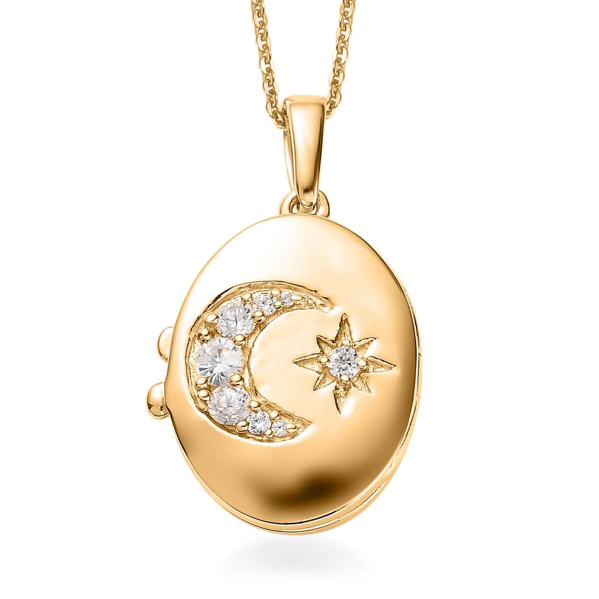 White Zircon Celestial Moon and Star Locket Pendant Necklace 20 Inches in Vermeil Yellow Gold Over Sterling Silver 0.65 ctw image number 0