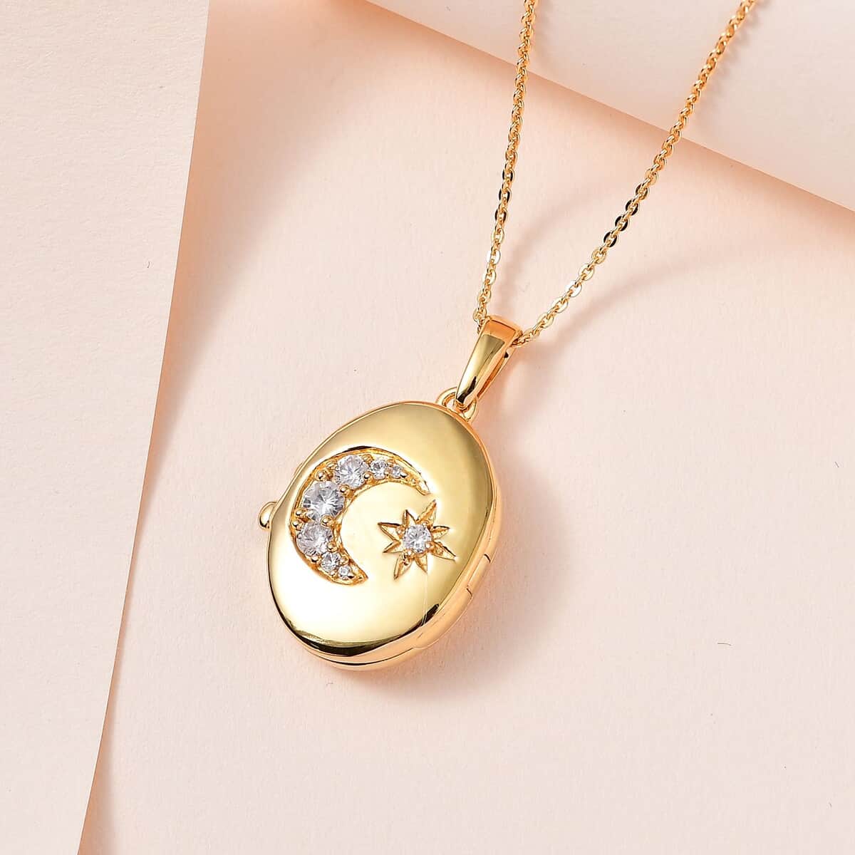 White Zircon Celestial Moon and Star Locket Pendant Necklace 20 Inches in Vermeil Yellow Gold Over Sterling Silver 0.65 ctw image number 1