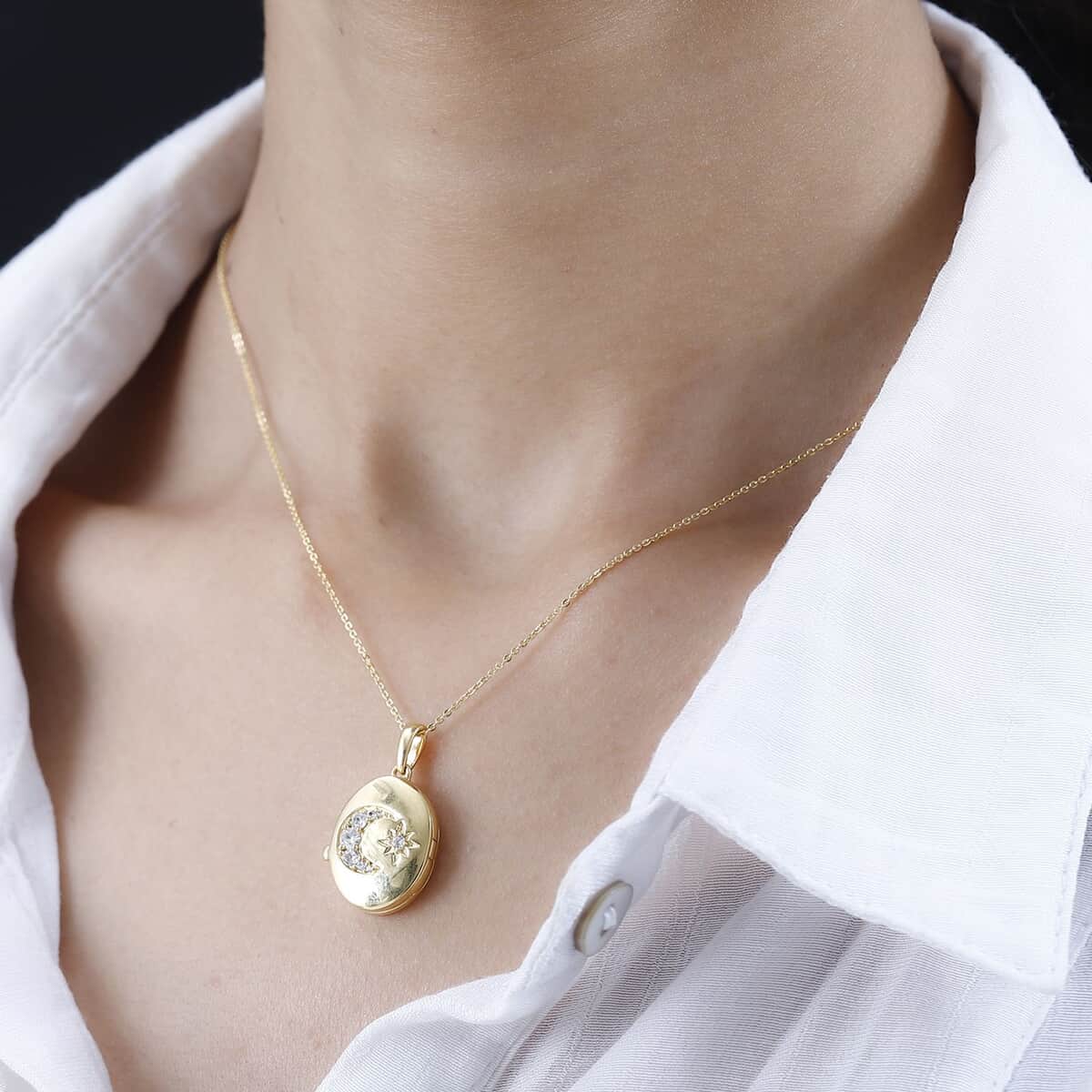 White Zircon Celestial Moon and Star Locket Pendant Necklace 20 Inches in Vermeil Yellow Gold Over Sterling Silver 0.65 ctw image number 2