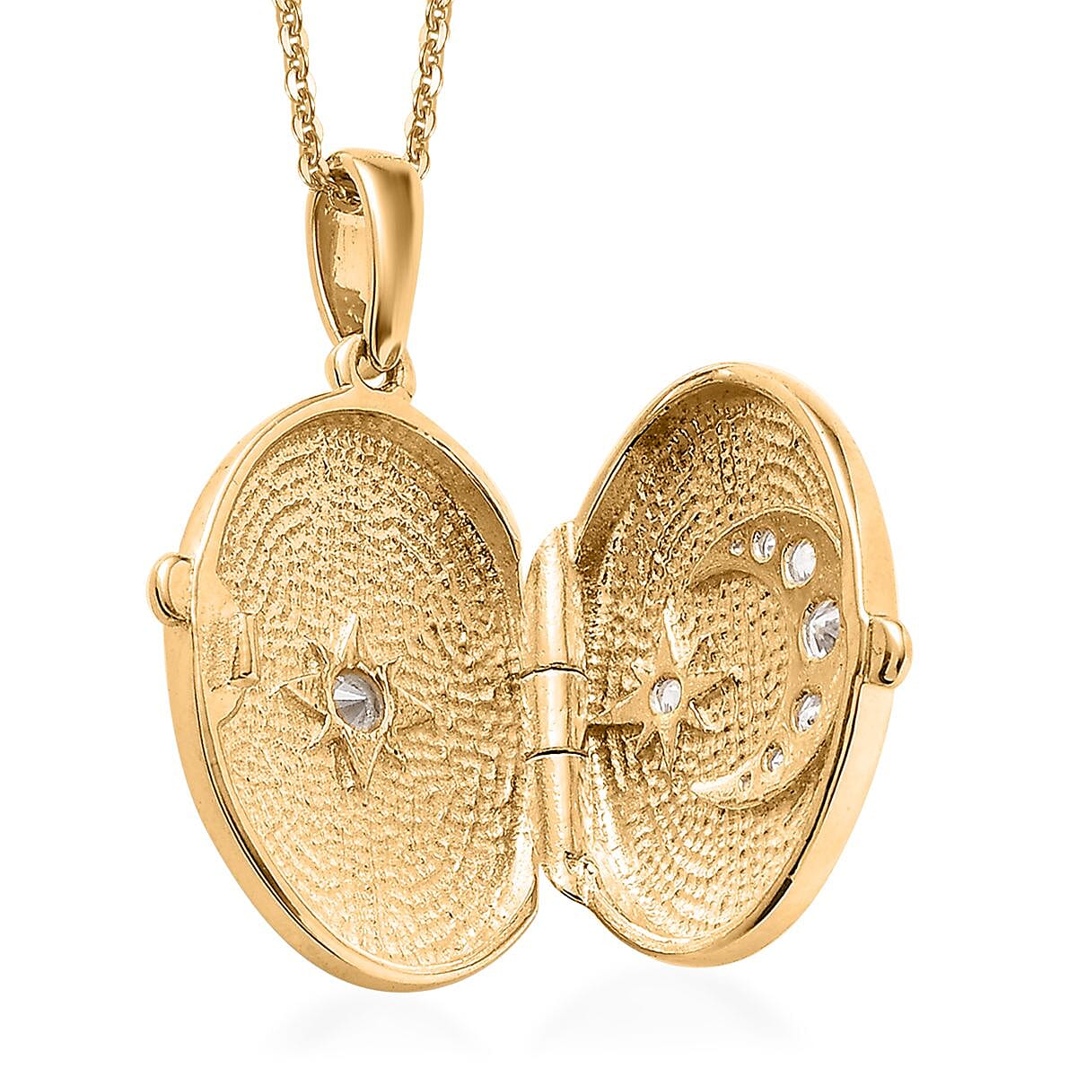 White Zircon Celestial Moon and Star Locket Pendant Necklace 20 Inches in Vermeil Yellow Gold Over Sterling Silver 0.65 ctw
