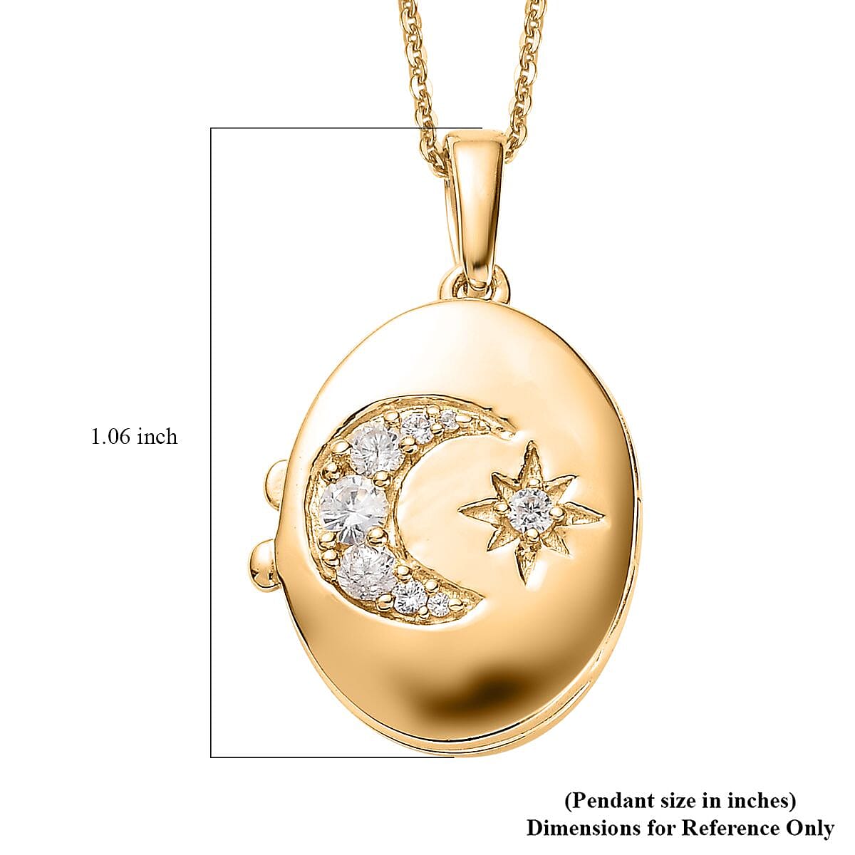 White Zircon Celestial Moon and Star Locket Pendant Necklace 20 Inches in Vermeil Yellow Gold Over Sterling Silver 0.65 ctw