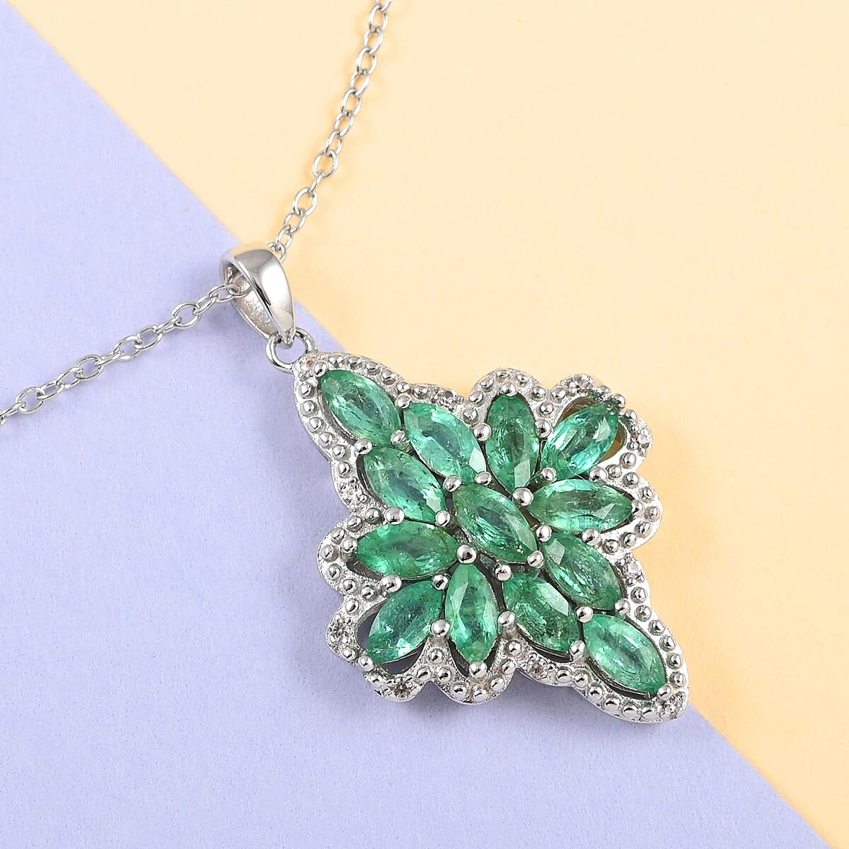 AAA Kagem Emerald and White Zircon Pendant Necklace 18-19.50 Inches in Rhodium Over Sterling Silver 1.60 ctw image number 1