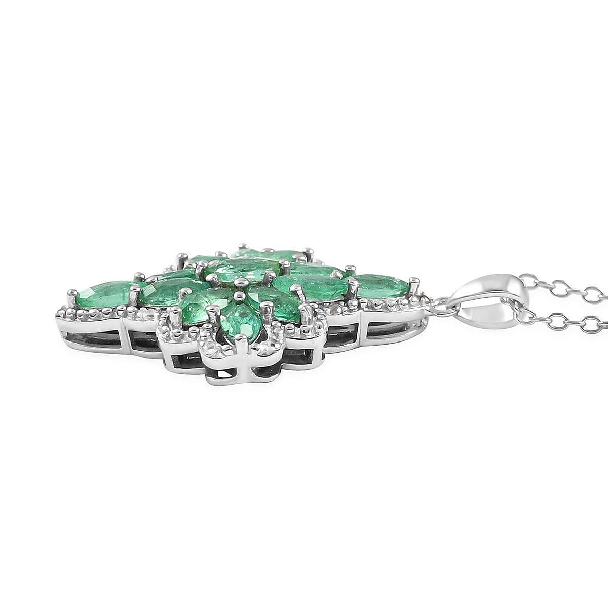 AAA Kagem Emerald and White Zircon Pendant Necklace 18-19.50 Inches in Rhodium Over Sterling Silver 1.60 ctw image number 3