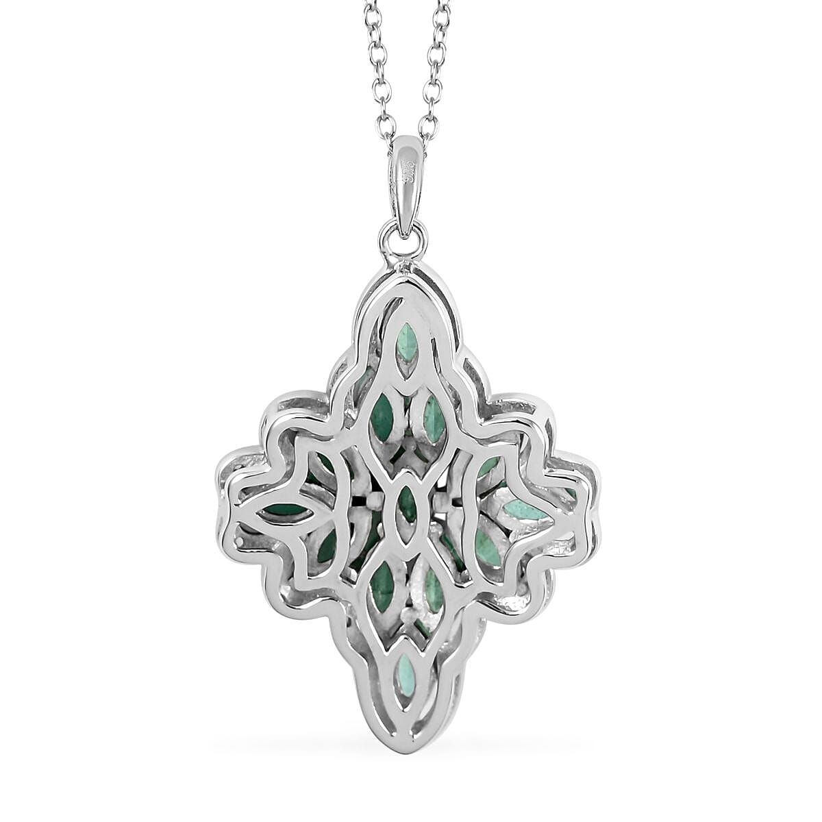 AAA Kagem Emerald and White Zircon Pendant Necklace 18-19.50 Inches in Rhodium Over Sterling Silver 1.60 ctw image number 4