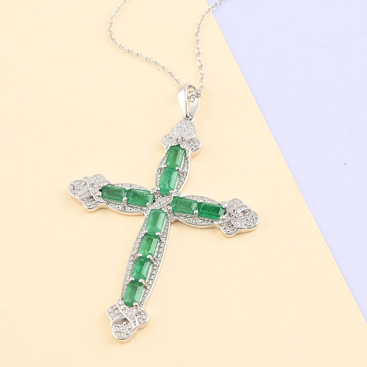 AAA Kagem Emerald and Natural White Zircon Cross Pendant Necklace 18-19.50 Inches in Rhodium Over Sterling Silver 3.10 ctw image number 1