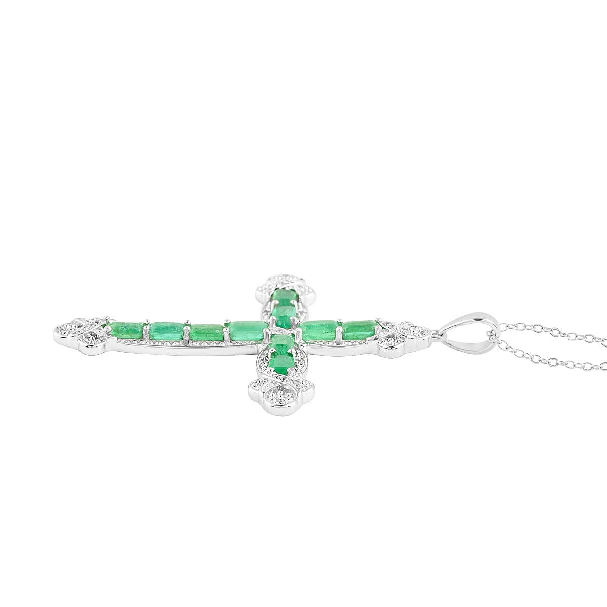 AAA Kagem Emerald and Natural White Zircon Cross Pendant Necklace 18-19.50 Inches in Rhodium Over Sterling Silver 3.10 ctw image number 3