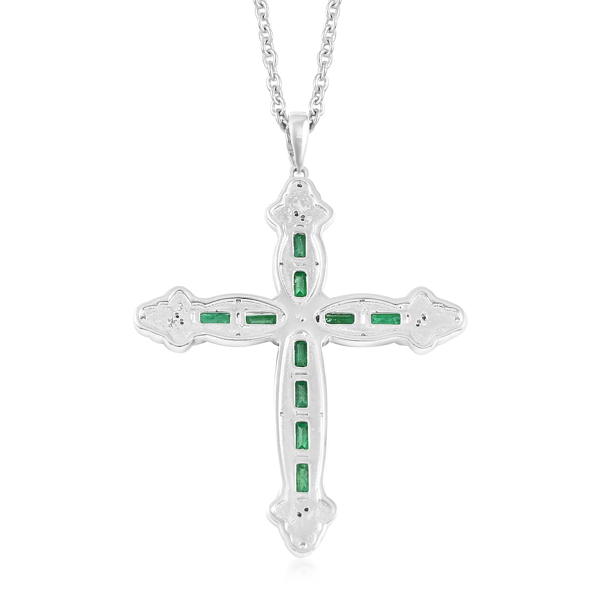 AAA Kagem Emerald and Natural White Zircon Cross Pendant Necklace 18-19.50 Inches in Rhodium Over Sterling Silver 3.10 ctw image number 4