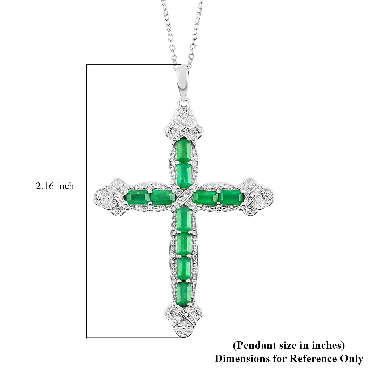 AAA Kagem Emerald and Natural White Zircon Cross Pendant Necklace 18-19.50 Inches in Rhodium Over Sterling Silver 3.10 ctw image number 6