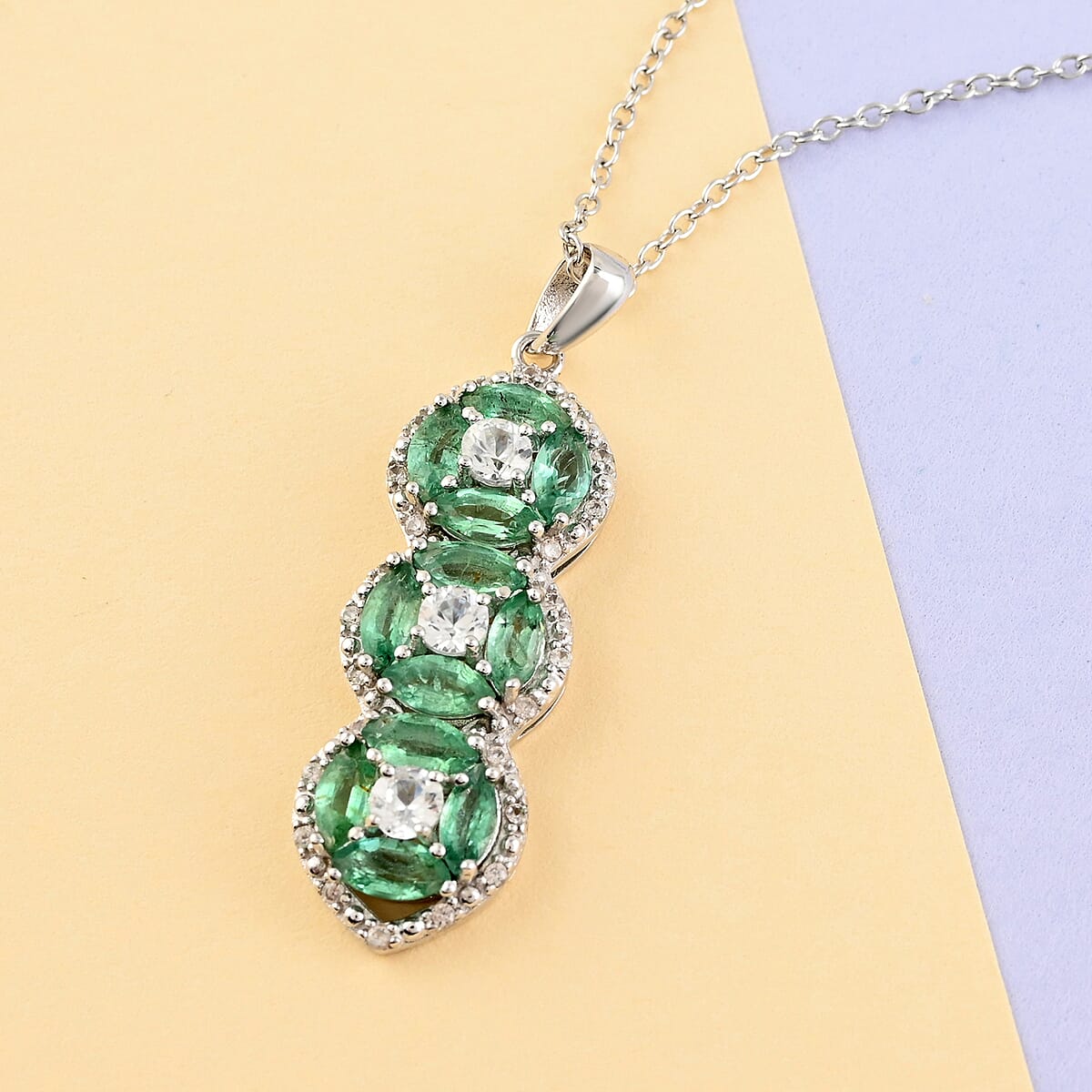AAA Kagem Emerald and White Zircon Line Pendant Necklace 18-19.50 Inches in Rhodium Over Sterling Silver 2.15 ctw image number 1
