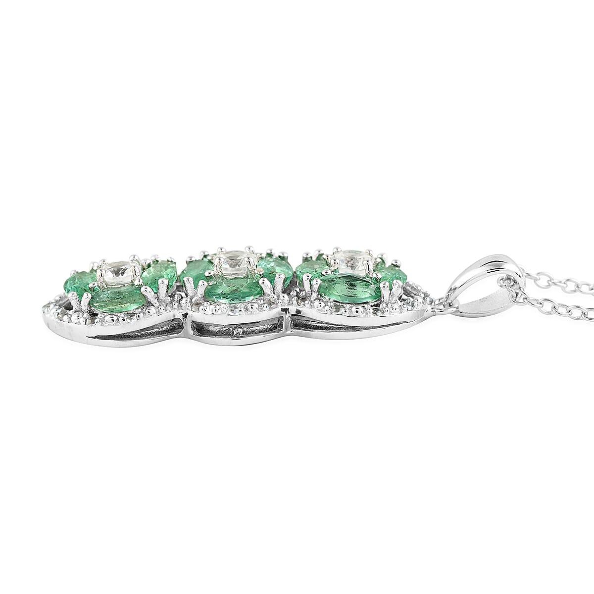 AAA Kagem Emerald and White Zircon Line Pendant Necklace 18-19.50 Inches in Rhodium Over Sterling Silver 2.15 ctw image number 3