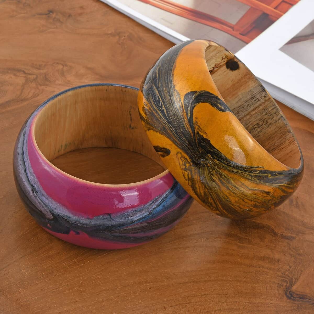 Set of 2 Purple and Brown Wooden Bangle Bracelet (7 in) 8.00 ctw image number 1