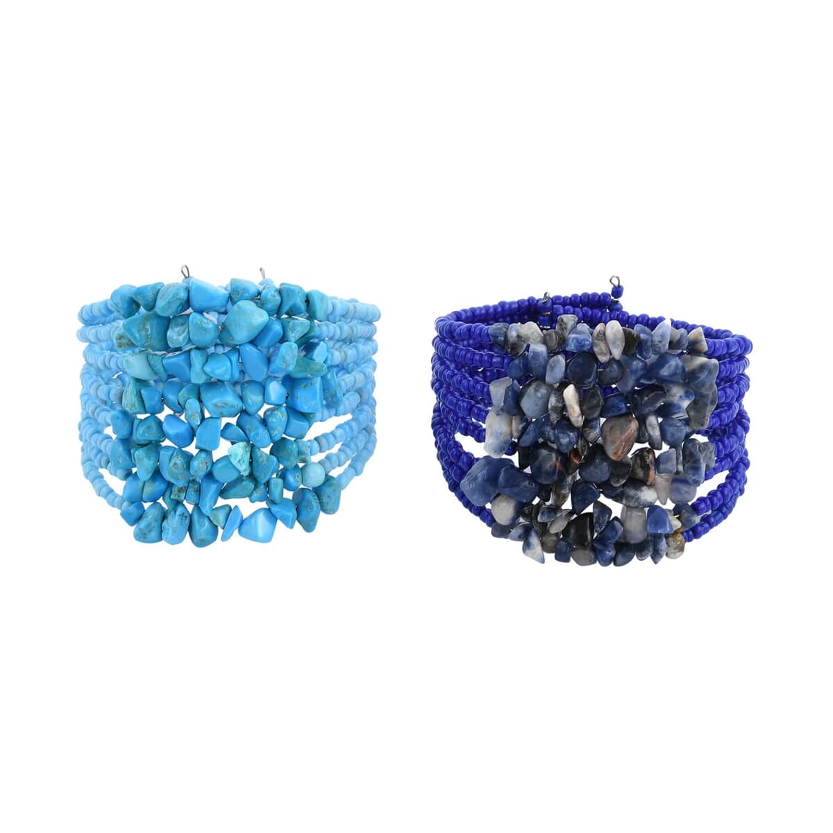 Set of 2 Turquoise and Blue Beaded Cuff Bracelet (Adjustable) 8.00 ctw image number 0