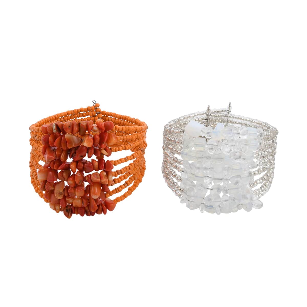 Set of 2 Orange and White Beaded Cuff Bracelet (Adjustable) image number 0