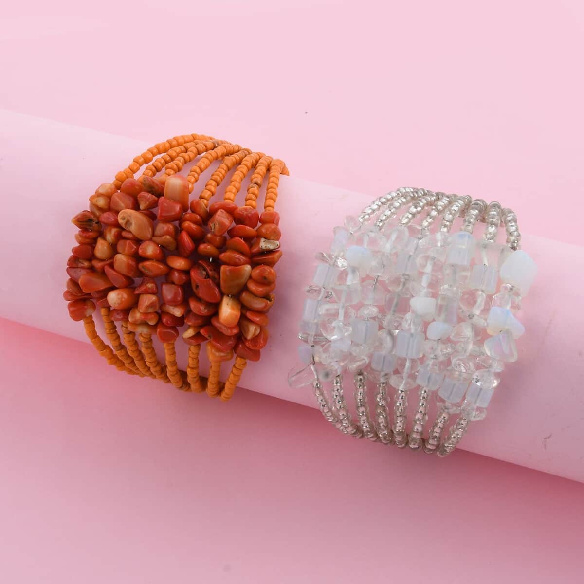 Set of 2 Orange and White Beaded Cuff Bracelet (Adjustable) image number 1