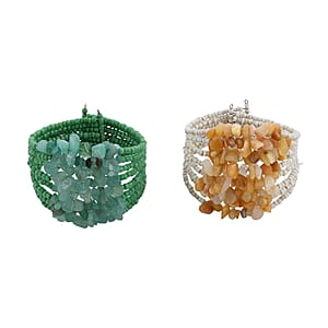 Set of 2 Green and Cream Square & Round Beaded Stretch Bracelet