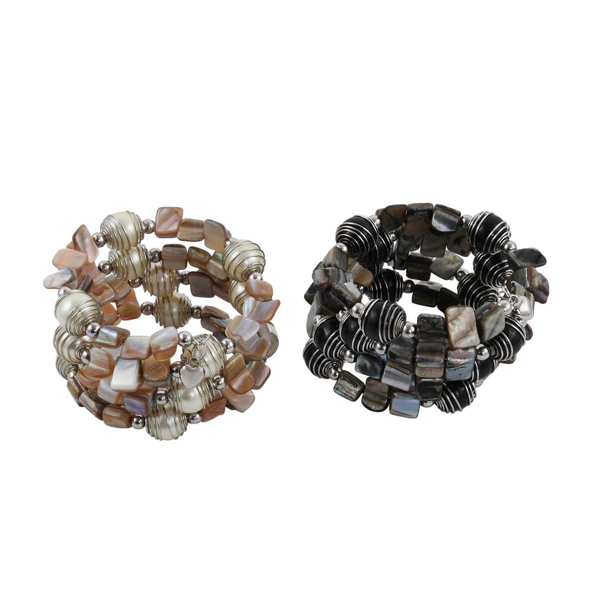 Set of 2 Black and White Square & Round Beaded Stretch Bracelet image number 0