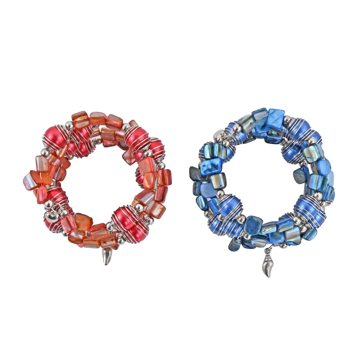 Set of 2 Red and Blue Square & Round Beaded Stretch Bracelet image number 0