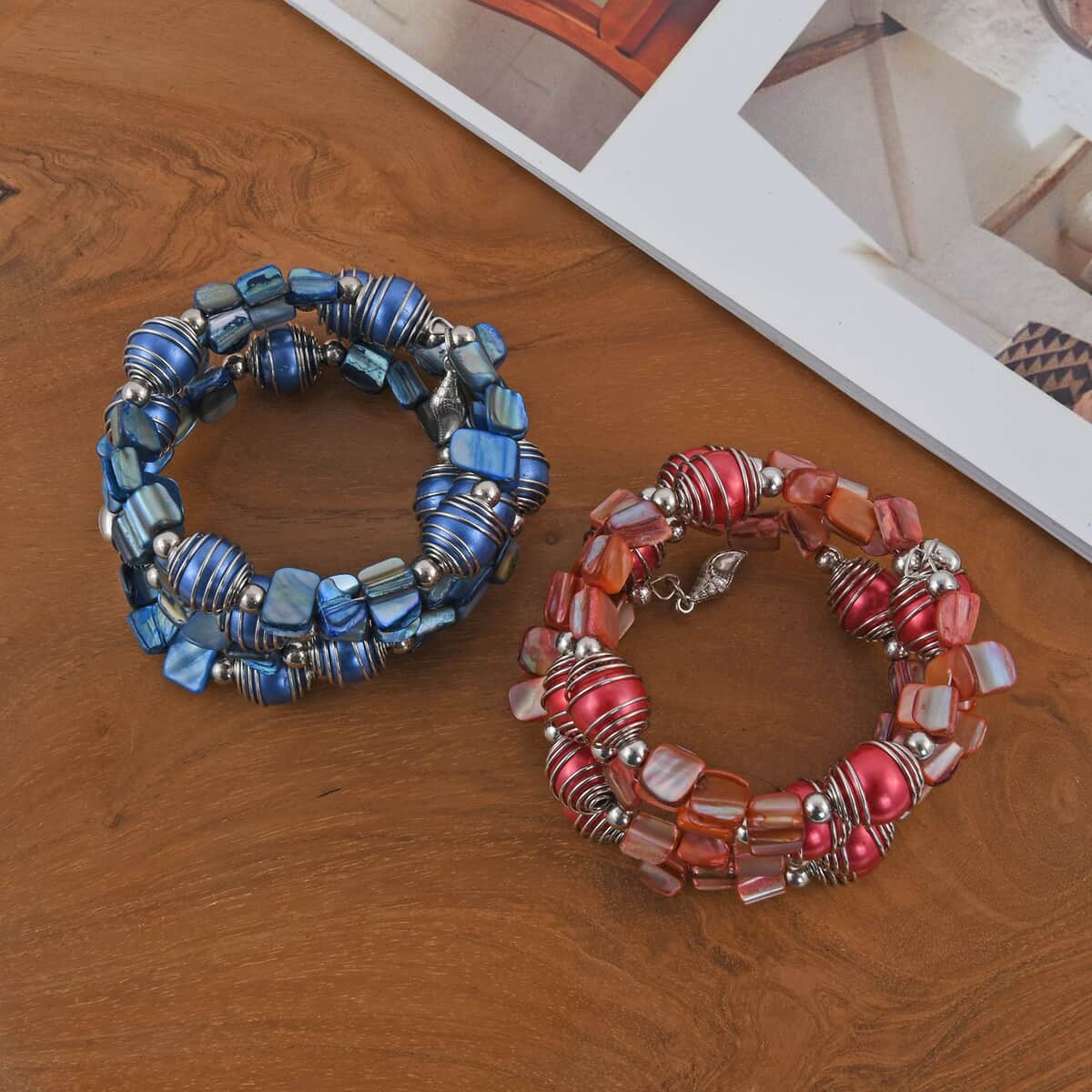 Set of 2 Red and Blue Square & Round Beaded Stretch Bracelet image number 1