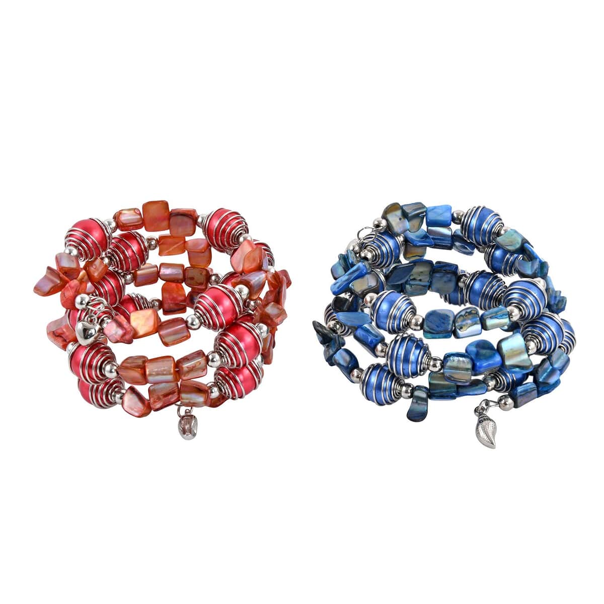 Set of 2 Red and Blue Square & Round Beaded Stretch Bracelet image number 4
