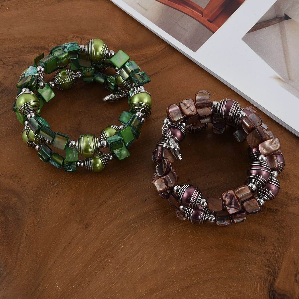 Set of 2 Green and Brown Square & Round Beaded Stretch Bracelet image number 1
