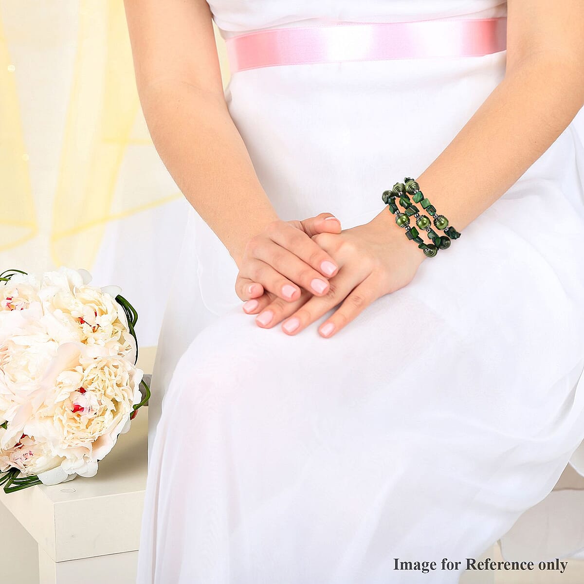 Set of 2 Green and Brown Square & Round Beaded Stretch Bracelet image number 2