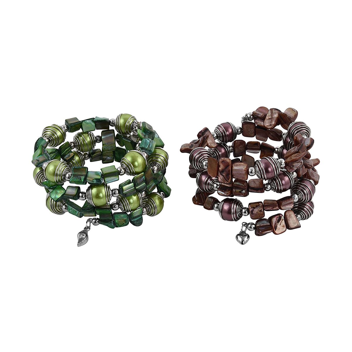 Set of 2 Green and Brown Square & Round Beaded Stretch Bracelet image number 4