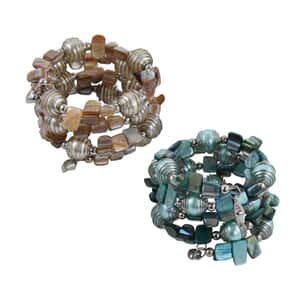 Set of 2 Multi Color Square and Round Beaded Stretch Bracelet