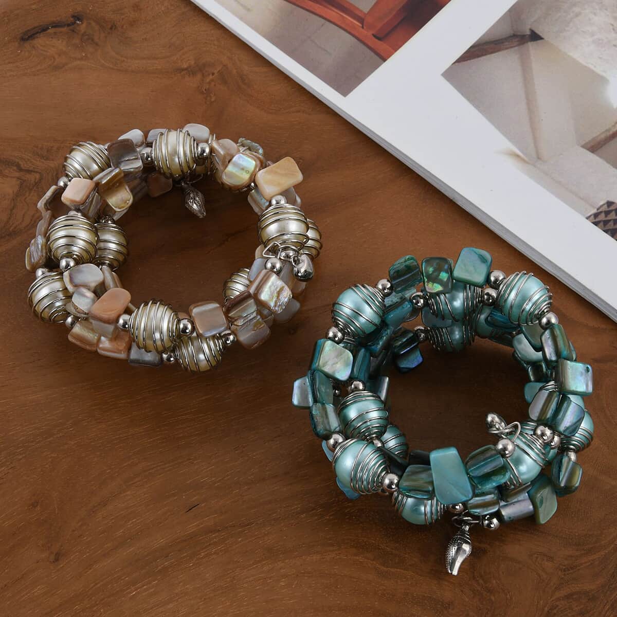 Set of 2 Multi Color Square and Round Beaded Stretch Bracelet image number 1