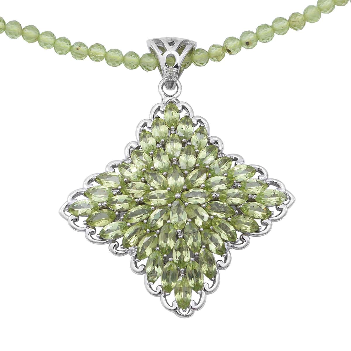 Peridot and White Zircon Sparkle Pendant with Beaded Necklace 20 Inches in Platinum Over Sterling Silver 54.60 ctw image number 0