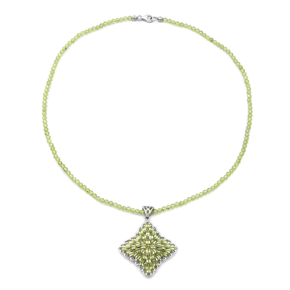 Peridot and White Zircon Sparkle Pendant with Beaded Necklace 20 Inches in Platinum Over Sterling Silver 54.60 ctw image number 1