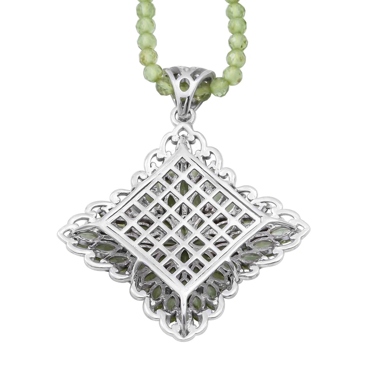 Peridot and White Zircon Sparkle Pendant with Beaded Necklace 20 Inches in Platinum Over Sterling Silver 54.60 ctw image number 3