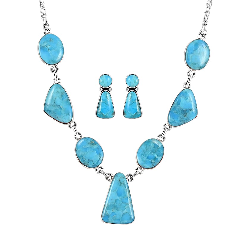 Santa Fe Style Kingman Turquoise Earrings and Necklace 18 Inches in Sterling Silver 87.00 ctw