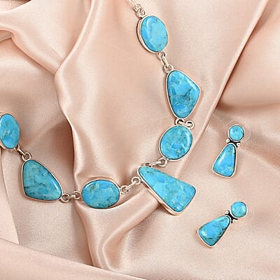 Santa Fe Style Kingman Turquoise Earrings and Necklace 18 Inches in Sterling Silver 87.00 ctw