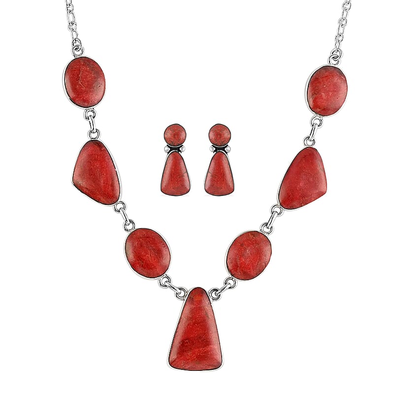 Santa Fe Style Coral Earrings and Necklace 18 Inches in Sterling Silver