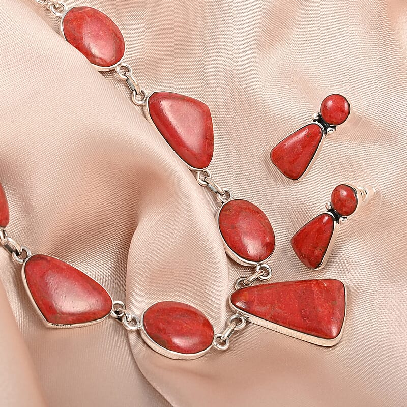 Santa Fe Style Coral Earrings and Necklace 18 Inches in Sterling Silver