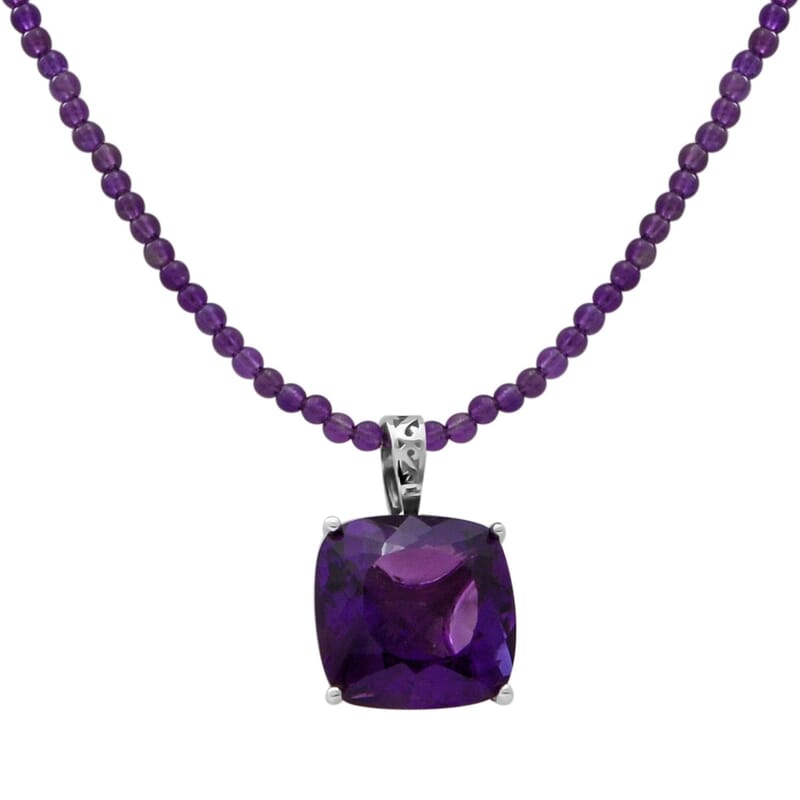Lusaka Amethyst 90.00 ctw Solitaire Pendant with Beaded Necklace 18 Inches in Platinum Over Sterling Silver