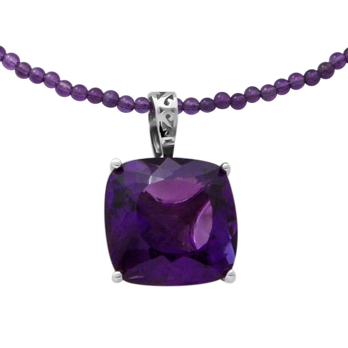 Lusaka Amethyst Solitaire Pendant with Beaded Necklace 18 Inches in Platinum Over Sterling Silver 90.00 ctw image number 2