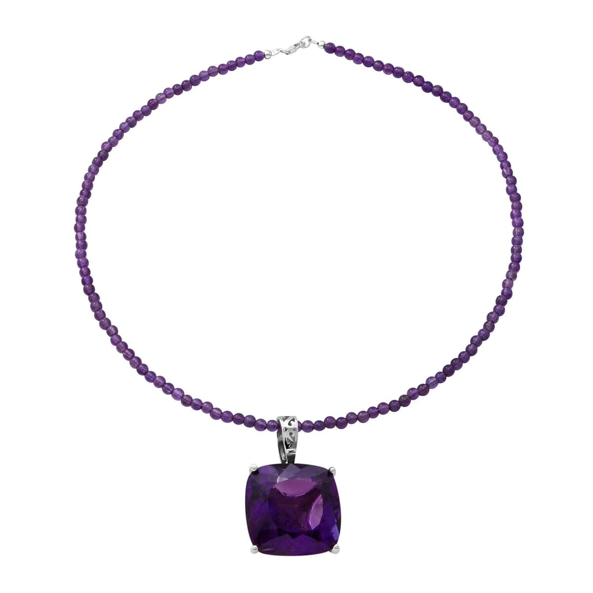Lusaka Amethyst Solitaire Pendant with Beaded Necklace 18 Inches in Platinum Over Sterling Silver 90.00 ctw image number 3