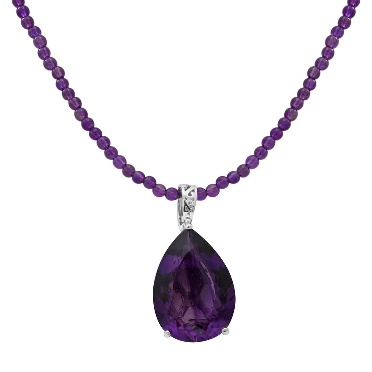 Lusaka Amethyst 90.00 ctw Solitaire Pendant with Beaded Necklace 18 Inches in Platinum Over Sterling Silver image number 0