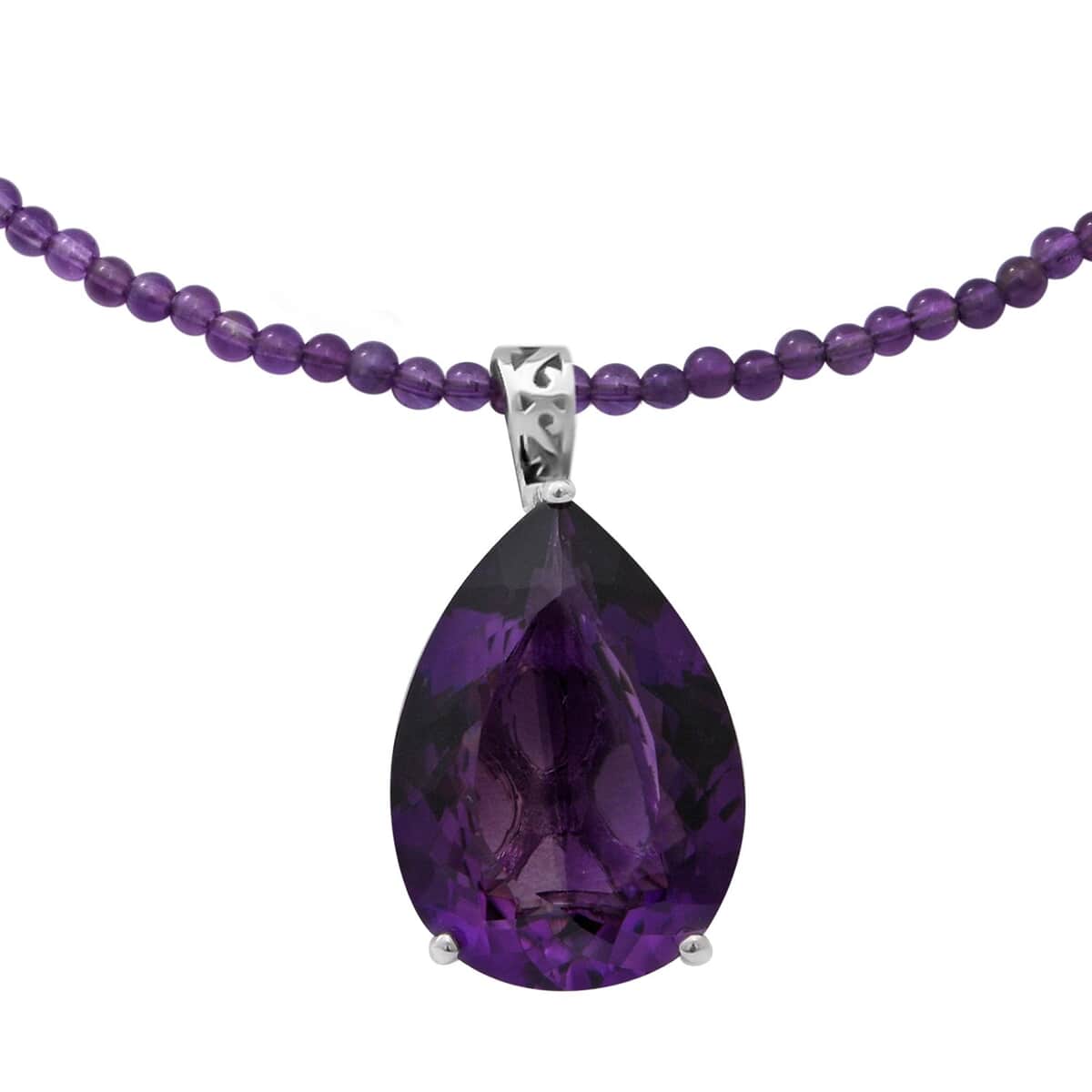 Lusaka Amethyst 90.00 ctw Solitaire Pendant with Beaded Necklace 18 Inches in Platinum Over Sterling Silver image number 2